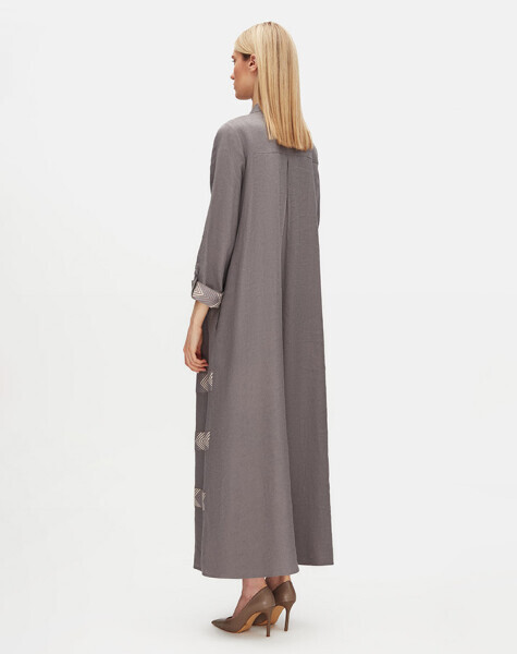 Desen Detaylı Yuvarlak Yaka Uzun Keten Antrasit Ceket - 3