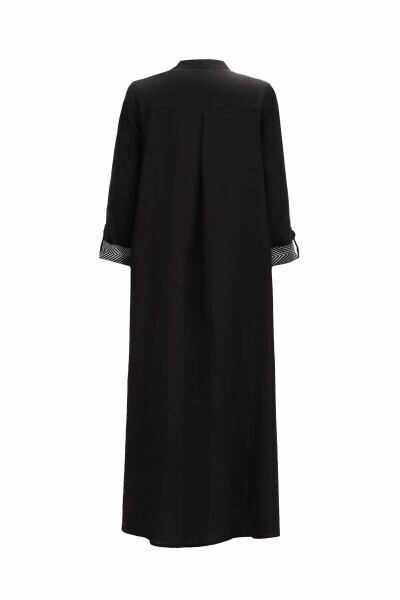 T25Y-8023 Desen Detaylı Yuvarlak Yaka Uzun Keten Ceket BLACK - 2