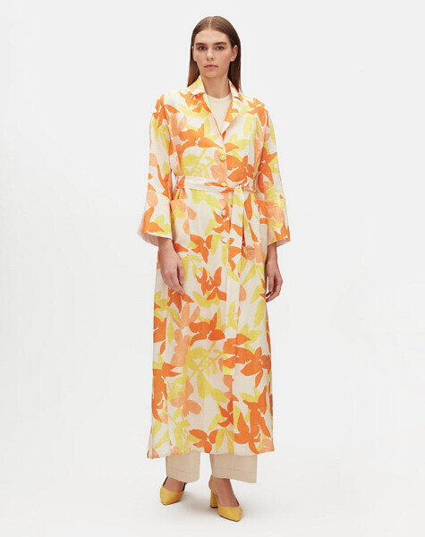 Renkli Çiçek Desenli Uzun Keten Turuncu Ceket - 1