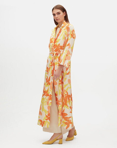 Renkli Çiçek Desenli Uzun Keten Turuncu Ceket - 2