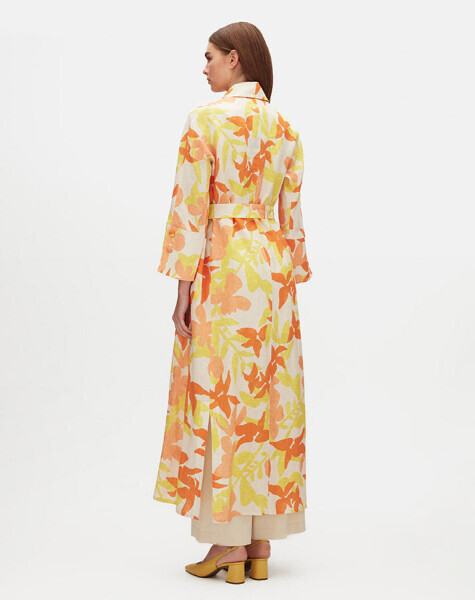 Renkli Çiçek Desenli Uzun Keten Turuncu Ceket - 3