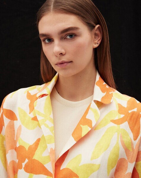 Renkli Çiçek Desenli Uzun Keten Turuncu Ceket - 4