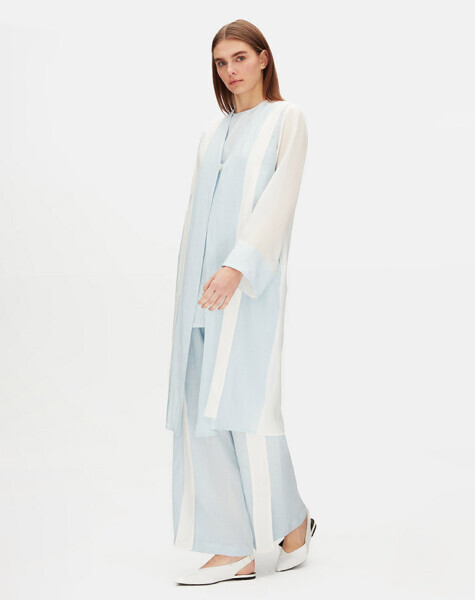 İki Renkli V Yaka Keten Mavi Ceket - 2