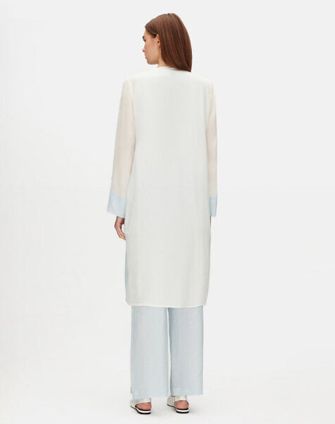 İki Renkli V Yaka Keten Mavi Ceket - 3