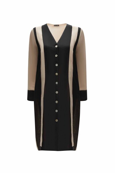 İki Renkli V Yaka Keten Vizon Ceket 