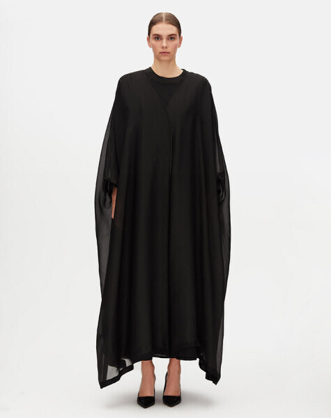 T25Y-8037 Tül Katmanlı Uzun Ceket BLACK - 1