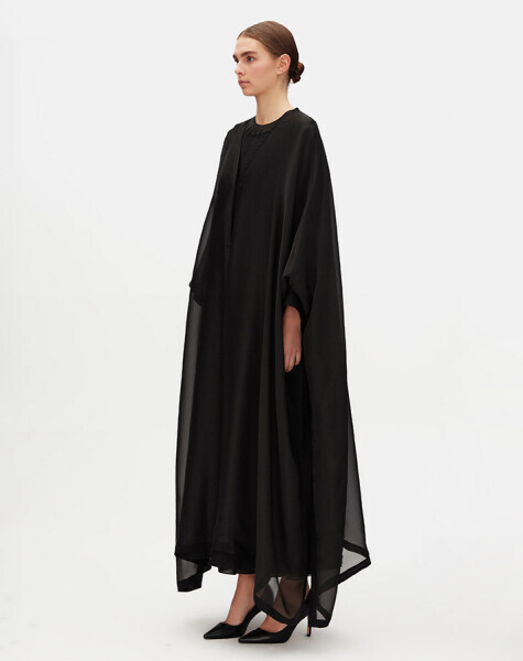 T25Y-8037 Tül Katmanlı Uzun Ceket BLACK - 2