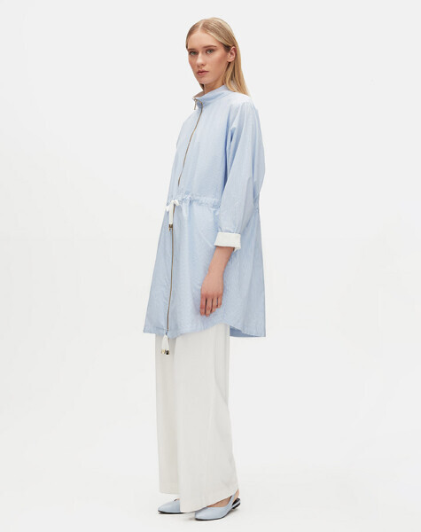 Beli Büzgülü Dik Yaka Casual Mavi Ceket - 3