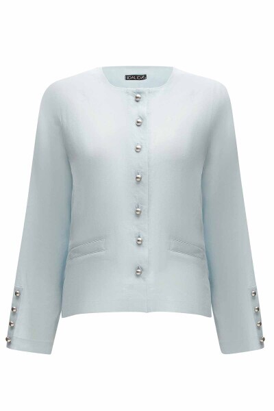 Düz Keten Kısa Mavi Ceket - 1