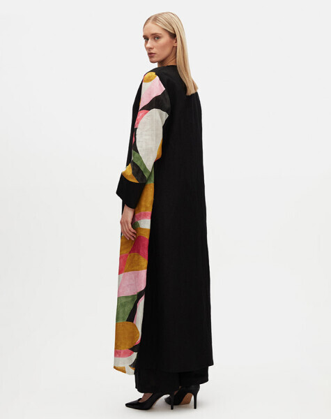 Geometrik Desenli Uzun Keten Siyah Ceket - 2