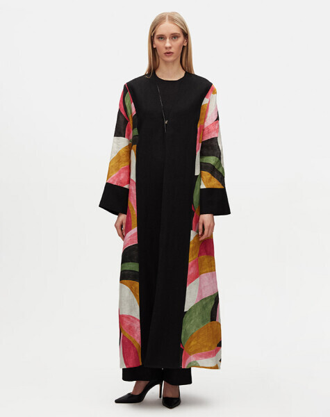 T25Y-8051 Geometrik Desenli Uzun Keten Ceket BLACK - 1