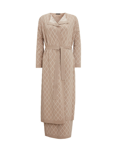 Baklava Desenli Uzun Triko Taş Rengi Hırka - 1