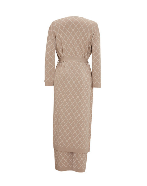 Baklava Desenli Uzun Triko Taş Rengi Hırka - 2