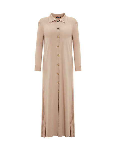 Gömlek Yaka Uzun Triko Taş Rengi Hırka 