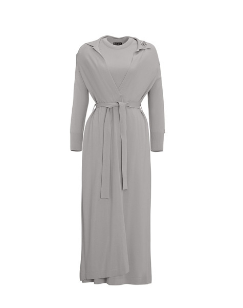 Gömlek Yaka Broş Detaylı Triko Gri Hırka - 1