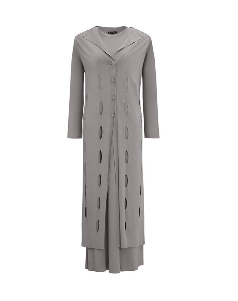 T25Y-9007 Kendiden Delikli Uzun Triko Hırka 1179-GREY 