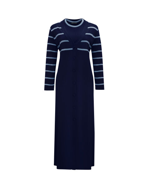 T25Y-9011 Çizgi Detaylı Düğmeli Uzun Hırka 1167-NAVY BLUE - 1