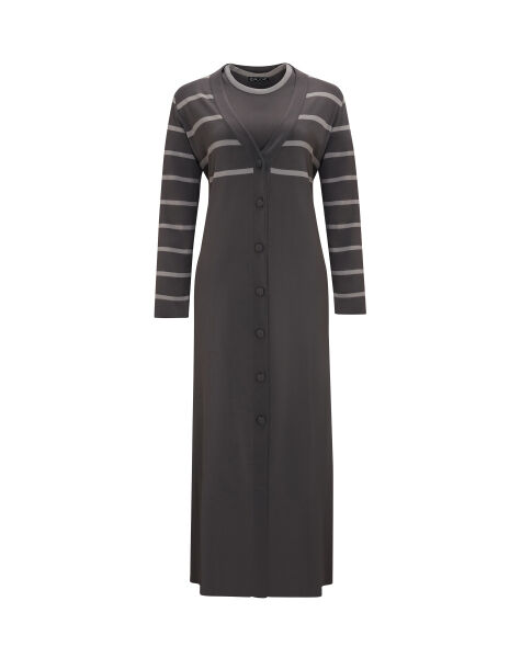 T25Y-9011 Çizgi Detaylı Düğmeli Uzun Hırka 1318-ANTHRACITE - 1