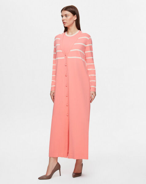 T25Y-9011 Çizgi Detaylı Düğmeli Uzun Hırka 1325-CORAL - 1