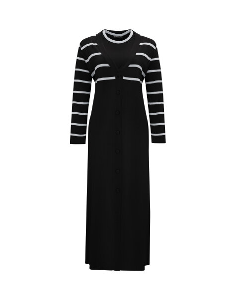 T25Y-9011 Çizgi Detaylı Düğmeli Uzun Hırka BLACK 