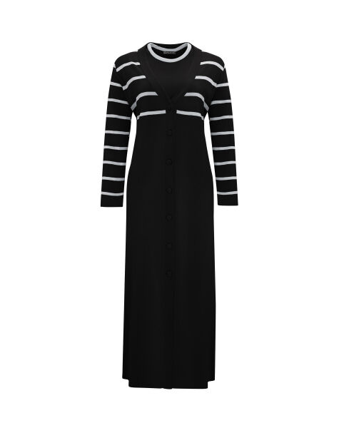 T25Y-9011 Çizgi Detaylı Düğmeli Uzun Hırka BLACK - 1