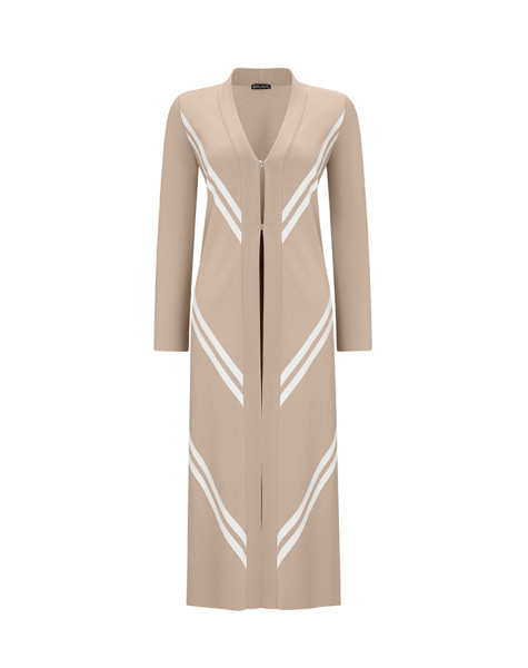 Verev Çizgili Uzun Taş Rengi Hırka - 1