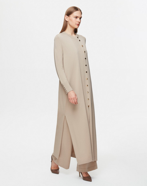 Yuvarlak Yaka Düğmeli Uzun Taş Rengi Hırka - 2