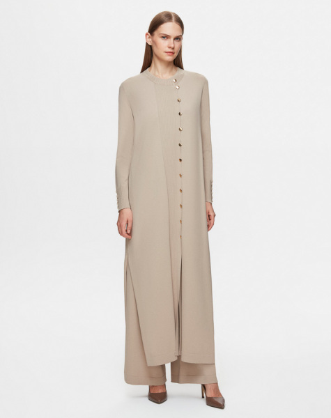 Yuvarlak Yaka Düğmeli Uzun Taş Rengi Hırka - 1