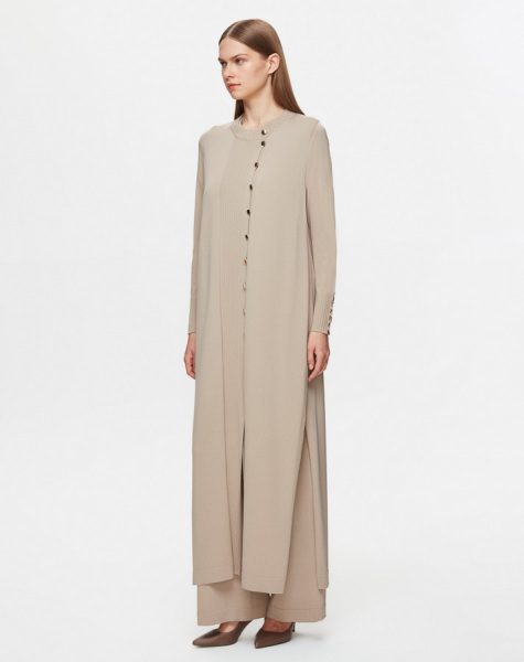 Yuvarlak Yaka Düğmeli Uzun Taş Rengi Hırka - 3