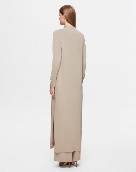 Yuvarlak Yaka Düğmeli Uzun Taş Rengi Hırka - 4