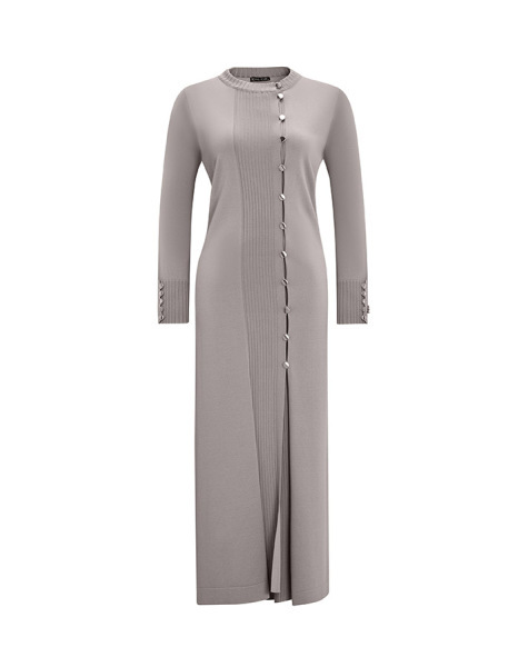 Yuvarlak Yaka Düğmeli Uzun Gri Hırka - 1