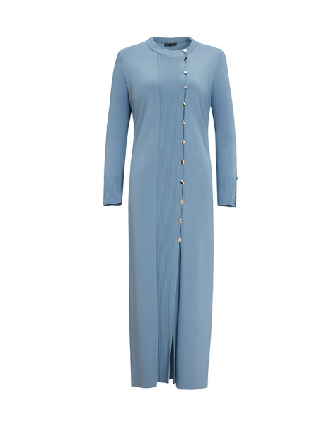 Yuvarlak Yaka Düğmeli Uzun Mavi Hırka - 1