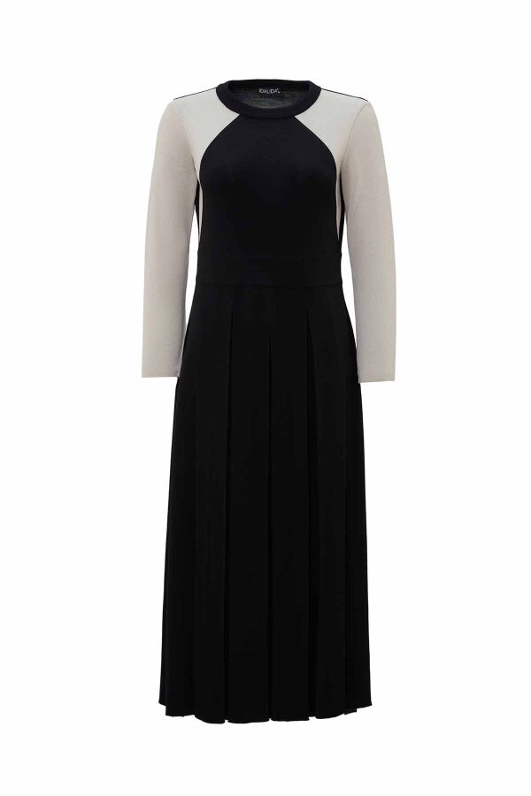 T26K-4011 Renkli Kollu Plise Detaylı Elbise BLACK - 1