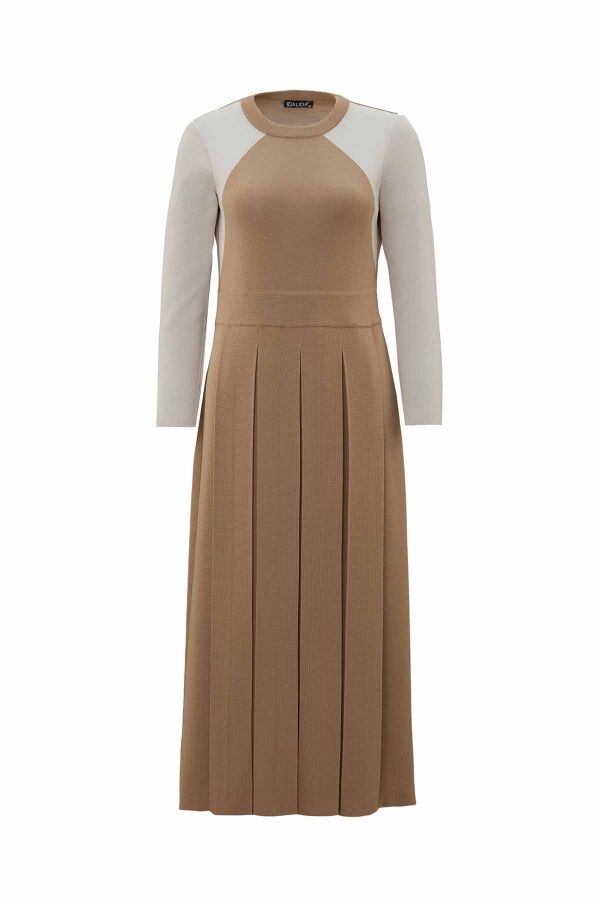 T26K-4011 Renkli Kollu Plise Detaylı Elbise DORY-CAMEL - 1
