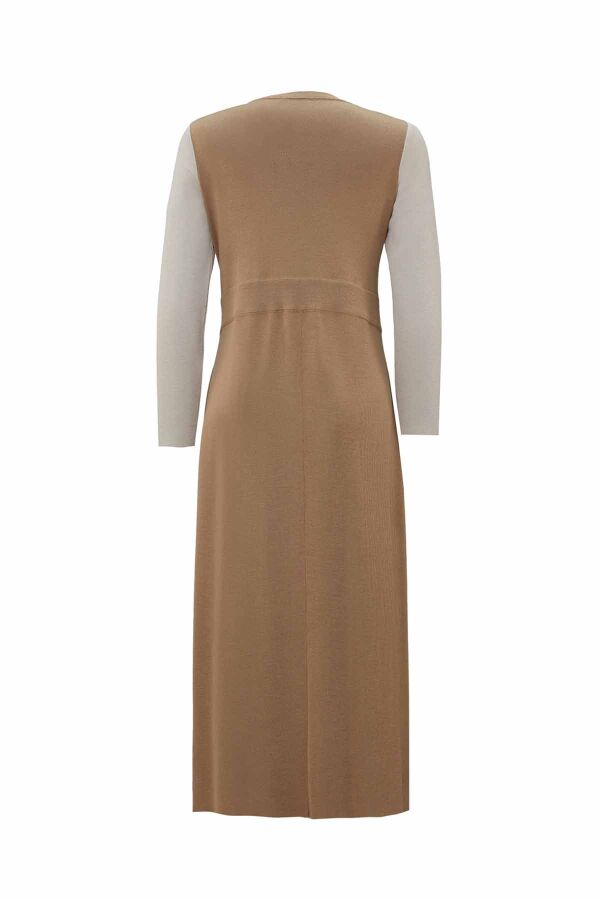 T26K-4011 Renkli Kollu Plise Detaylı Elbise DORY-CAMEL - 2