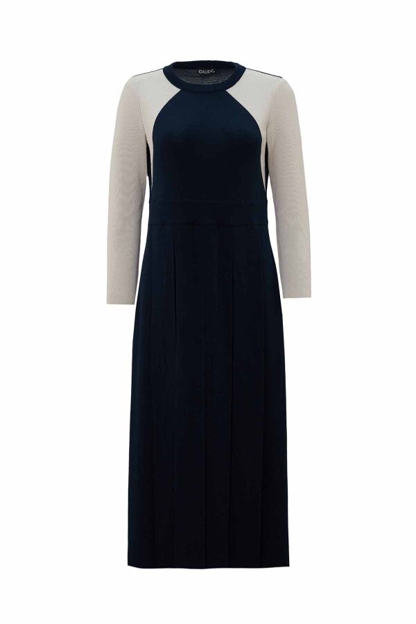 T26K-4011 Renkli Kollu Plise Detaylı Elbise OASI-DARK NAVY - 1