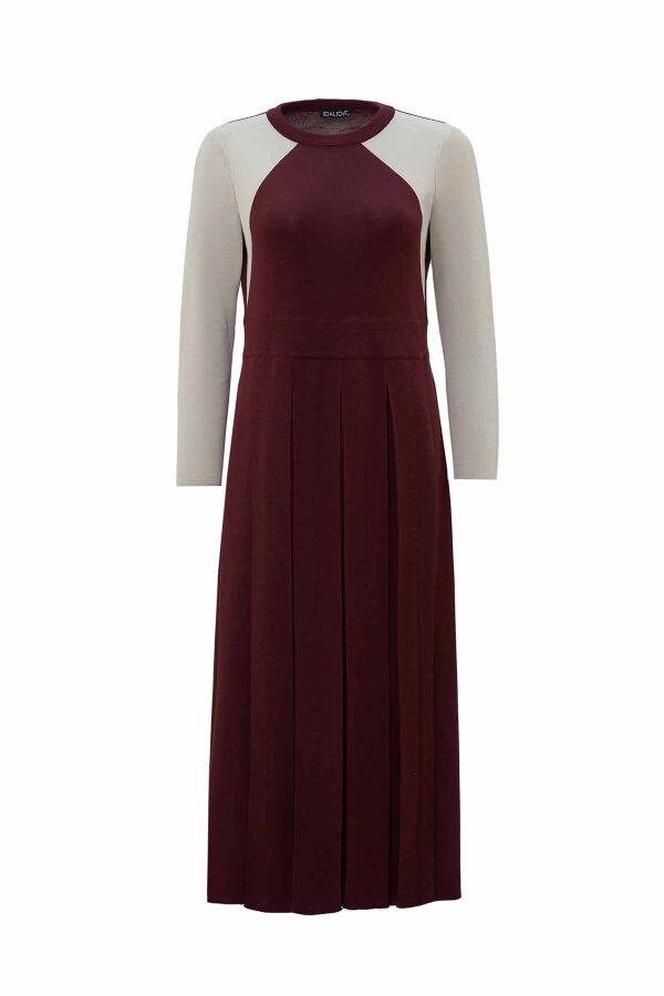 T26K-4011 Renkli Kollu Plise Detaylı Elbise TOGA-BORDO - 1
