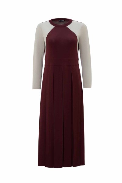 T26K-4011 Renkli Kollu Plise Detaylı Elbise TOGA-BORDO 