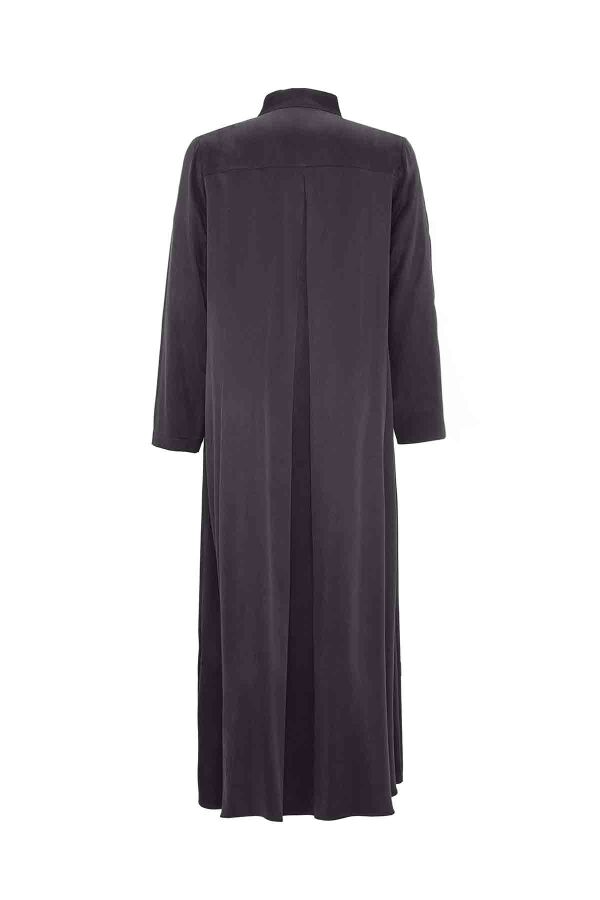 T26K-4019 V Yaka Cupro Düğme Detalı Elbise DARK GREY - 2