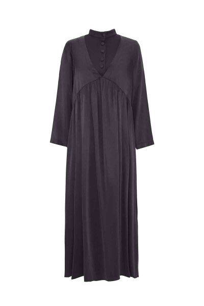 T26K-4019 V Yaka Cupro Düğme Detalı Elbise DARK GREY - 1
