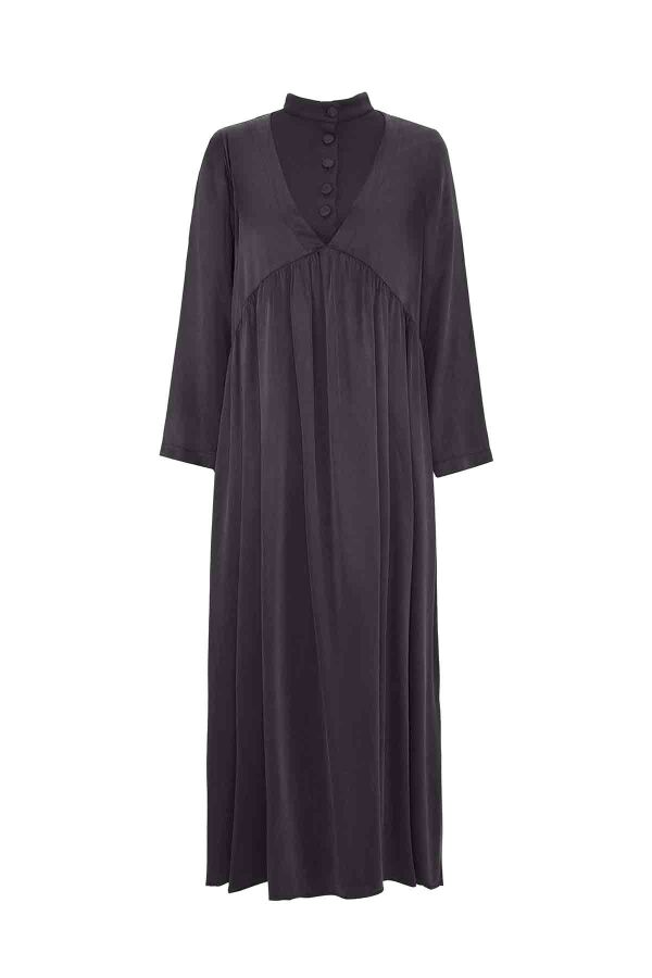 T26K-4019 V Yaka Cupro Düğme Detalı Elbise DARK GREY - 1