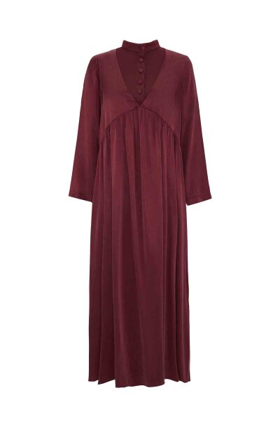 T26K-4019 V Yaka Cupro Düğme Detalı Elbise PLUM - MISS DALIDA