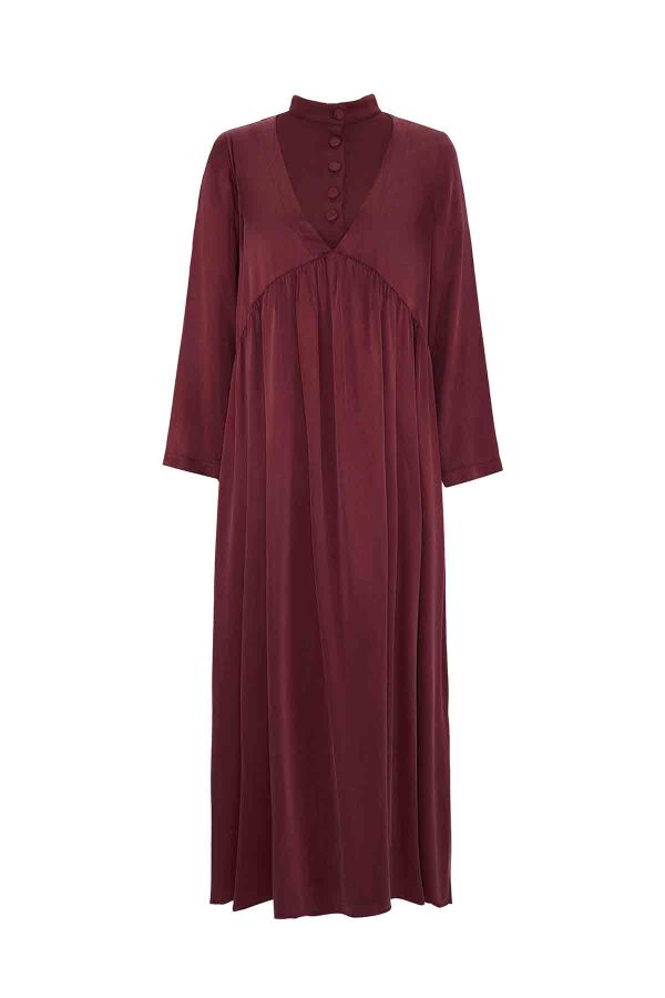 T26K-4019 V Yaka Cupro Düğme Detalı Elbise PLUM - 1