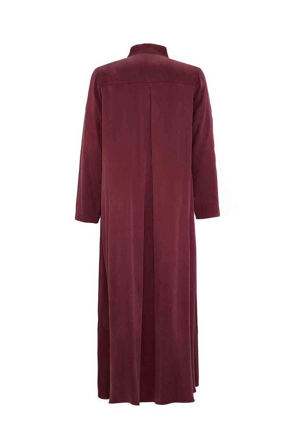 T26K-4019 V Yaka Cupro Düğme Detalı Elbise PLUM - 2