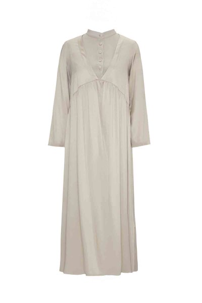 T26K-4019 V Yaka Cupro Düğme Detalı Elbise STONE - MISS DALIDA