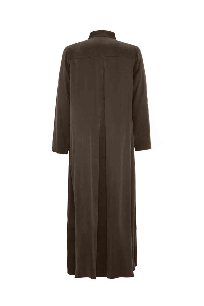 T26K-4019 V Yaka Cupro Düğme Detalı Elbise TAUPE - MISS DALIDA (1)