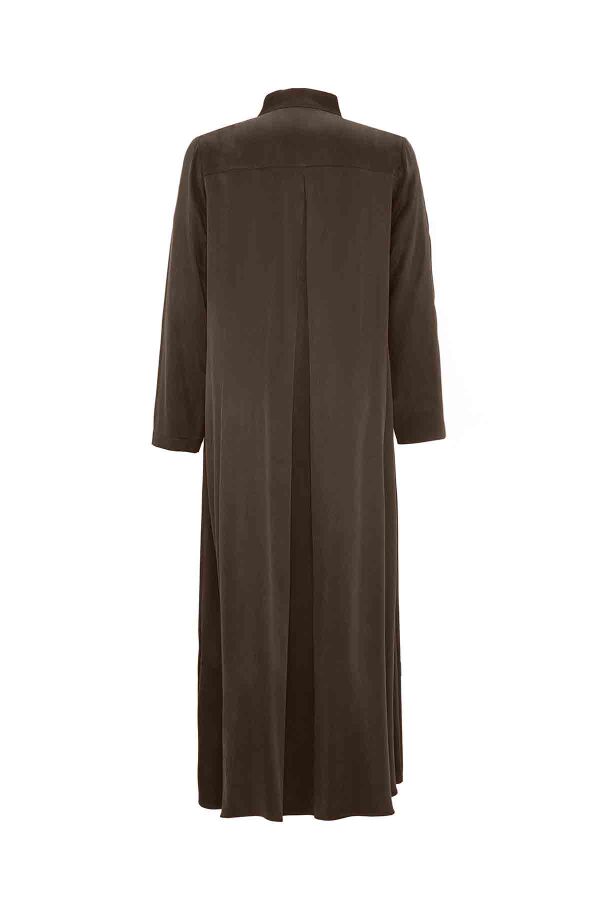 T26K-4019 V Yaka Cupro Düğme Detalı Elbise TAUPE - 2