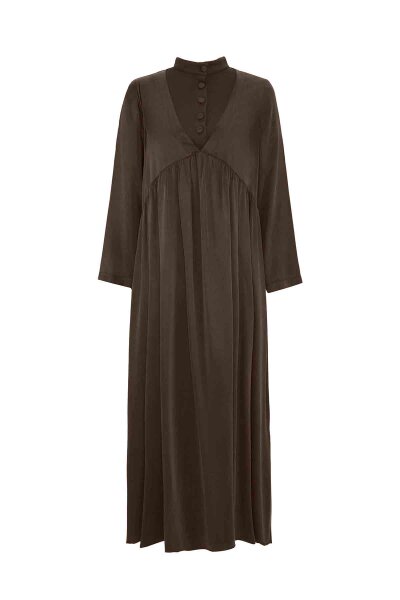 T26K-4019 V Yaka Cupro Düğme Detalı Elbise TAUPE - MISS DALIDA