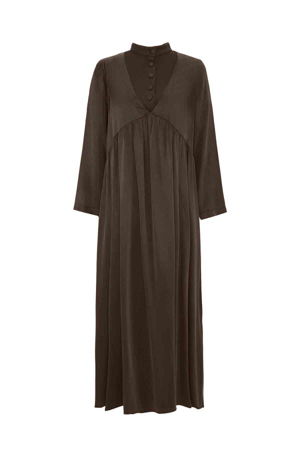 T26K-4019 V Yaka Cupro Düğme Detalı Elbise TAUPE - 1