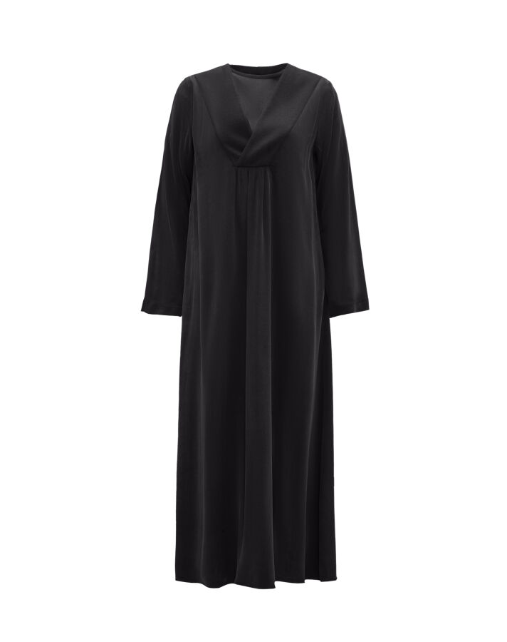 T26K-4021 Kalın V Yaka Düz Renk Elbise DARK GREY - 1